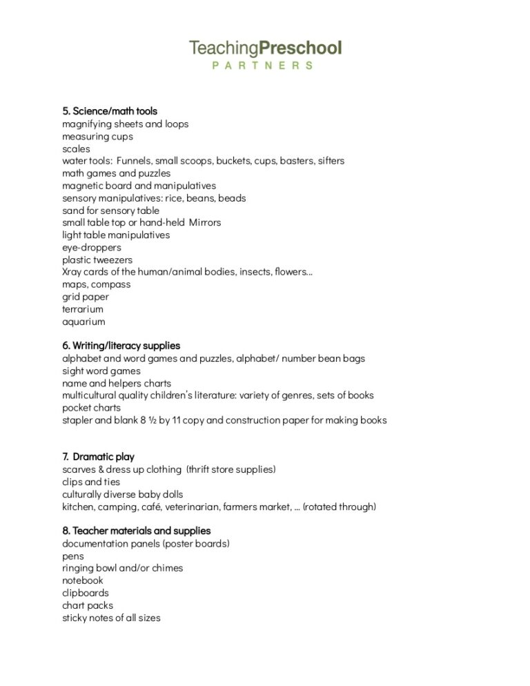 Suggested Classroom Materials List Teaching Preschool Partners